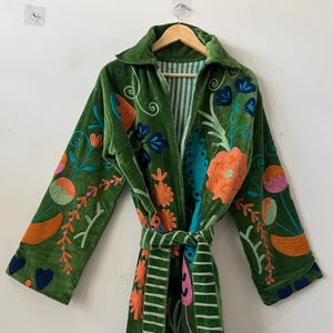 Green Long Velvet Suzani Robe Jacket –Embroidered Boho Coat – Uzbek Textile – Bohemian Kimono Robe – Floral Statement Wear | Luxury Gifts image 5