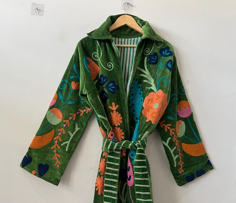 Green Long Velvet Suzani Robe Jacket –Embroidered Boho Coat – Uzbek Textile – Bohemian Kimono Robe – Floral Statement Wear | Luxury Gifts image 5