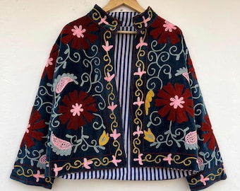 Velvet Suzani Embroidered Short Jacket | Bohemian Embroidery Jacket | Velvet Suzani Jacket One Size | Cotton Velvet Boho Coat