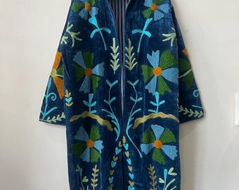 Hand Embroidered Velvet Suzani Robe Jacket –Boho Coat | Uzbek Bohemian Robe | Floral Statement Wear | Gift For Her