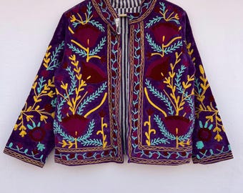Jaqueta curta de veludo Suzani bordada | Casaco de inverno | Jaqueta boho vintage para festivais | Casaco étnico | Presente para ela