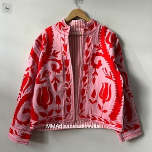 Embroidered Cotton Jacket, Floral Suzani Style, Bohemian Reversible Coat, Gift For Her