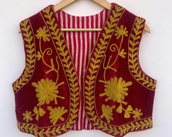 Haftowana aksamitna kamizelka Suzani | Kwiatowa kamizelka świąteczna | Kamizelka bez rękawów | Elegancki płaszcz | Kurtka folkowa | Prezent dla niej