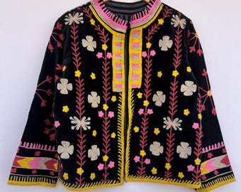 Suzani winterjas boho fluweel| Geborduurde jas met bloemen | Suzani bomberjack | Feestjas in kimonostijl | Handgemaakte fluwelen Suzani-jas