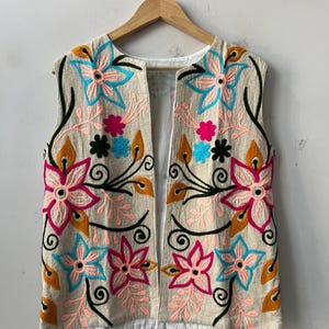 Cotton Suzani Sleeveless Vest | Handmade Embroidered Long Vest |  Ethnic Outerwear | Gift For Her | Ethnic Suzani Floral Waistcoat