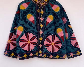 Velvet Suzani Embroidered Short Jacket | Handmade Spring Coat | Vintage Ethnic Jacket | Winter Warm Outerwear | Gift For Her