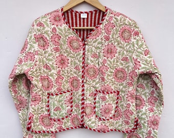 Floral Print Quilted Cotton Cropped Jacket | Reversible Handmade Coat | Gift For Her | Winter Boho Coat | Kantha Jacket