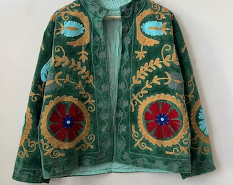 Velvet Suzani Short Floral Jacket | Embroidered Boho Coat | Colorful Bohemian Suzani Jacket | Gift For Her | Warm Outerwear Embroidery Coat