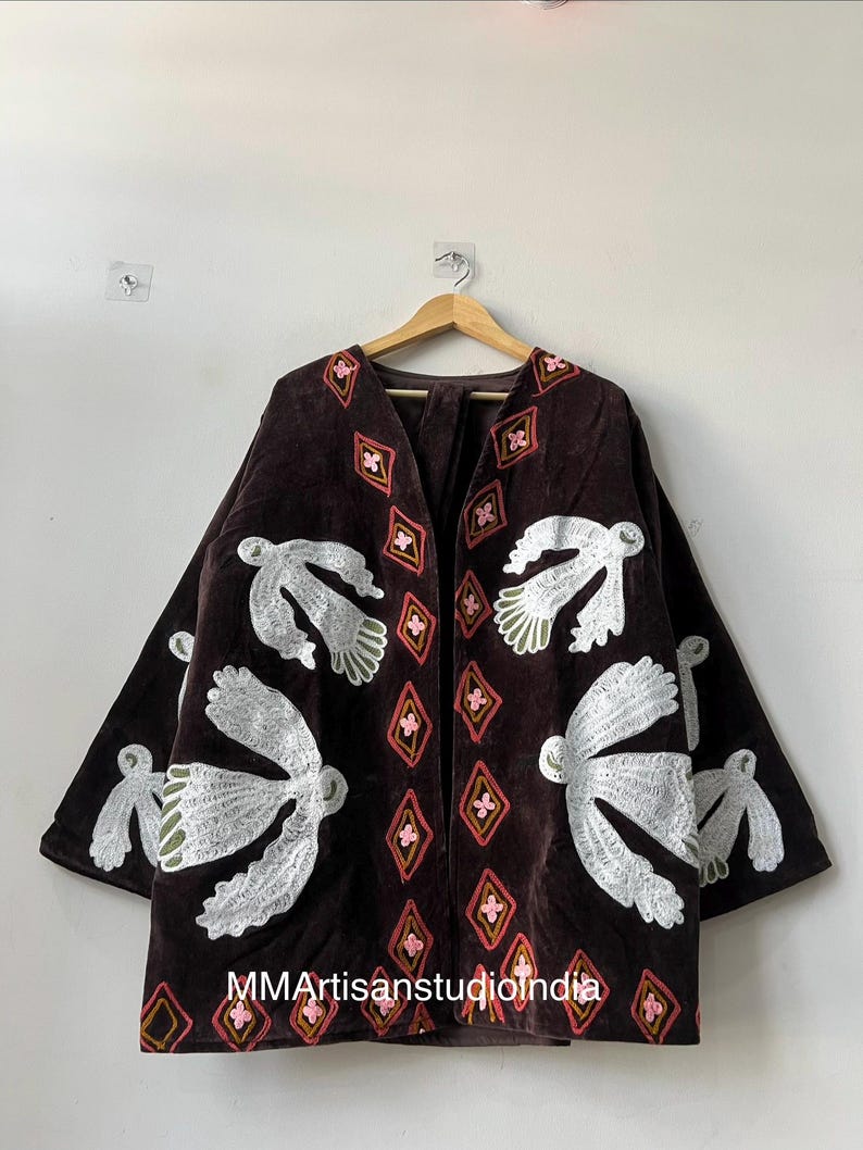 Floral Embroidered Velvet Suzani Jacket Boho Short Coat | Velvet Suzani Coat | Hand-Embroidered Suzani Velvet Jacket | Boho Floral Coat | image 5