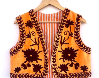 Suzani Embroidered Velvet Waistcoat | Sleeveless Jacket | Floral Suzani Waistcoat | Velvet Suzani Waistcoat | Chic Coat | Gift For Her
