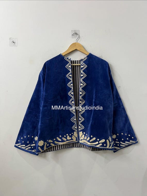 Handmade Velvet Jacket – Floral Embroidered Coat – Boho Suzani Style Festival Outerwear – Women’s Ethnic Clothing