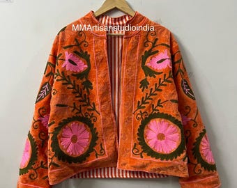 New Arrival Artisan Crafted Boho Suzani Velvet Jacket | Floral Winter Warm Jacket With Reversible Pattern | Boho Chic Coat