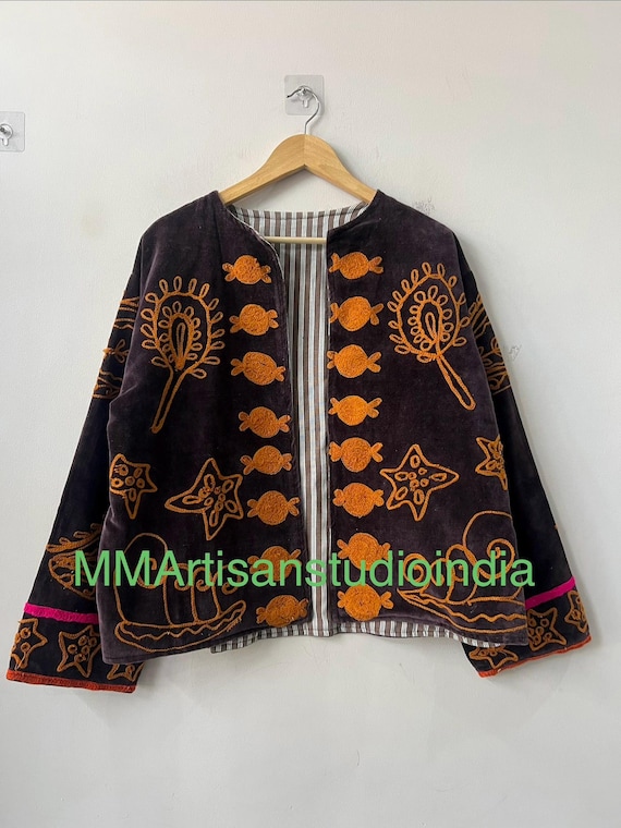 Floral Suzani Velvet Bohemian Statement Jacket | Colorful Embroidery Velvet Suzani Jacket | Boho Winter Coat | Gift For Her