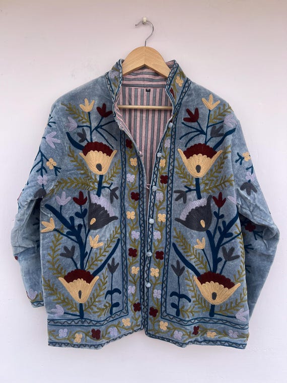 Handmade light Suzani Short Jacket | Embroidered Uzbek Suzani Coat | Unique Bohemian Festival Jacket – Duster Jacket -Gift For Her