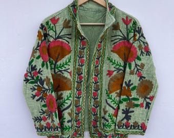 Vintage Embroidered Floral Jacket, Green Suzani Style Coat | Gift For Her | Suzani Cotton Floral Coat | Chic Coat