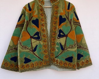 Floral Embroidered Velvet Suzani Jacket | Short Coat Gift For Her | Winter Chic Coat | Embroidery Velvet Winter Jacket