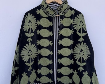 Handgemaakt fluwelen Suzani-jack | Geborduurde boho-kimonojas | Fluwelen winterjack Suzani | Chique Suzani-jas