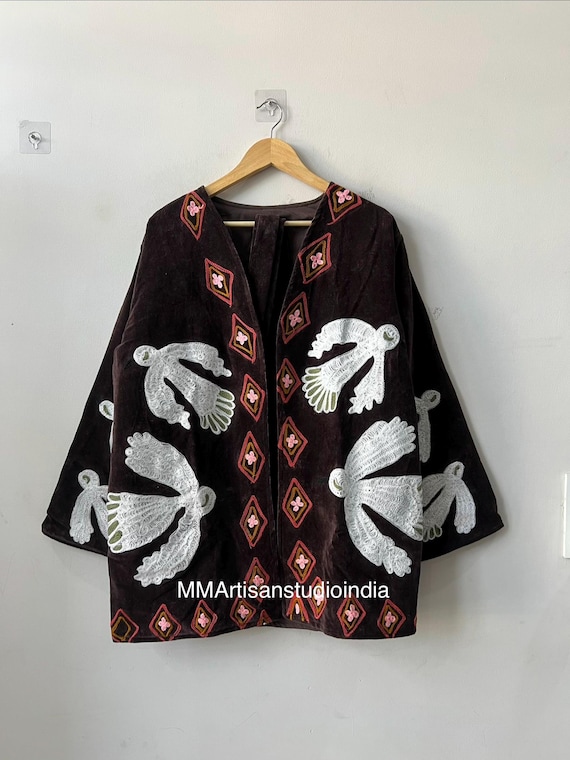Floral Embroidered Velvet Suzani Jacket Boho Short Coat | Velvet Suzani Coat | Hand-Embroidered Suzani Velvet Jacket | Boho Floral Coat |