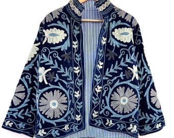 Vintage Embroidered Velvet Jacket, Floral Suzani Style, Bohemian Reversible Coat, Gift For Her