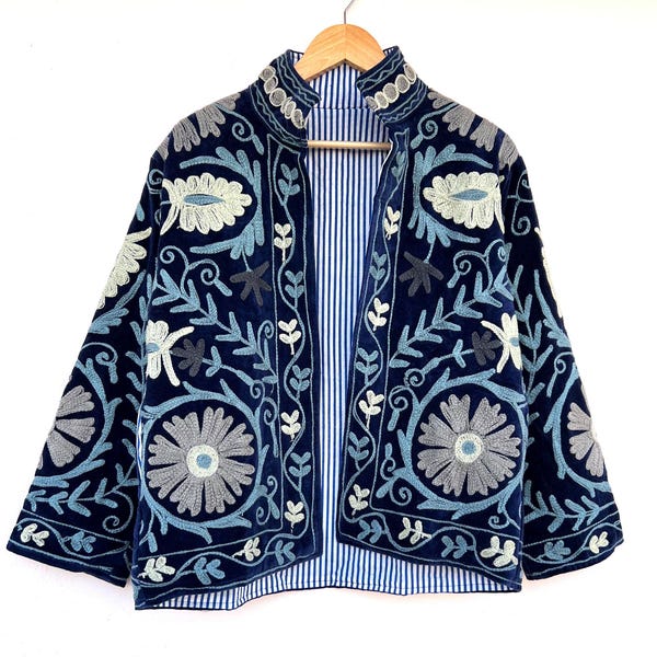 Authentic Uzbekistan Suzani Jacket, Floral Hand Embroidered Style Women Jacket, Bohemian Velvet Coat, Boho Chapan Jacket, Luxury Gift forher
