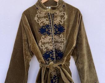 Embroidered Velvet Kimono Jacket: Reversible Suzani Robe, Boho Winter Coat, Gift For Her