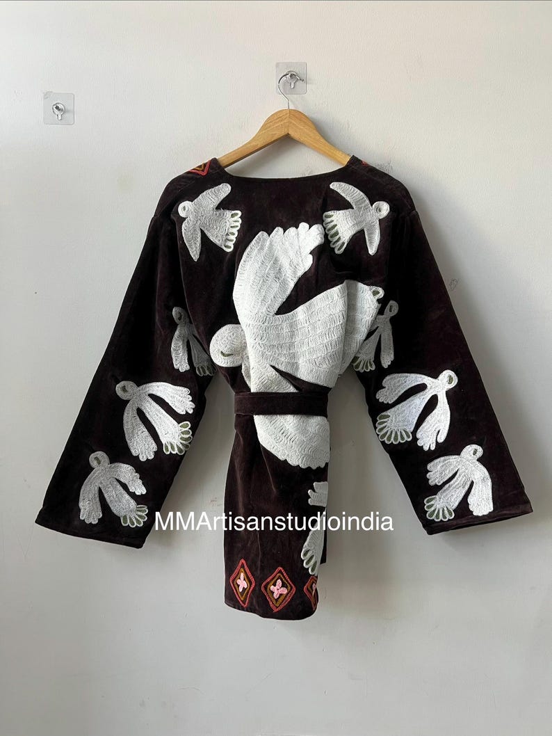 Floral Embroidered Velvet Suzani Jacket Boho Short Coat | Velvet Suzani Coat | Hand-Embroidered Suzani Velvet Jacket | Boho Floral Coat | image 7