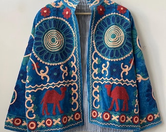 Velvet Suzani Short Jacket Festive Coat | Embroidered Tribal Jacket | Boho Clothing | Gift For Her | Winter Fashion | Suzani Coat