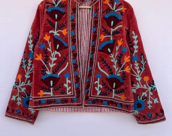Velvet Suzani Embroidered Suzani Floral Jacket | Bohemian Embroidery Coat | Gift For Her | Ethnic Velvet Jacket