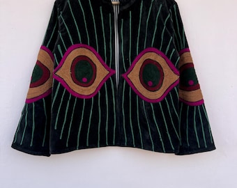 Black Evil Eye Handmade Cotton Velvet Suzani Embroidered Jacket Women's Jacket Boho Style Embroidered Coat |  Gift For Her | Velvet Jacket