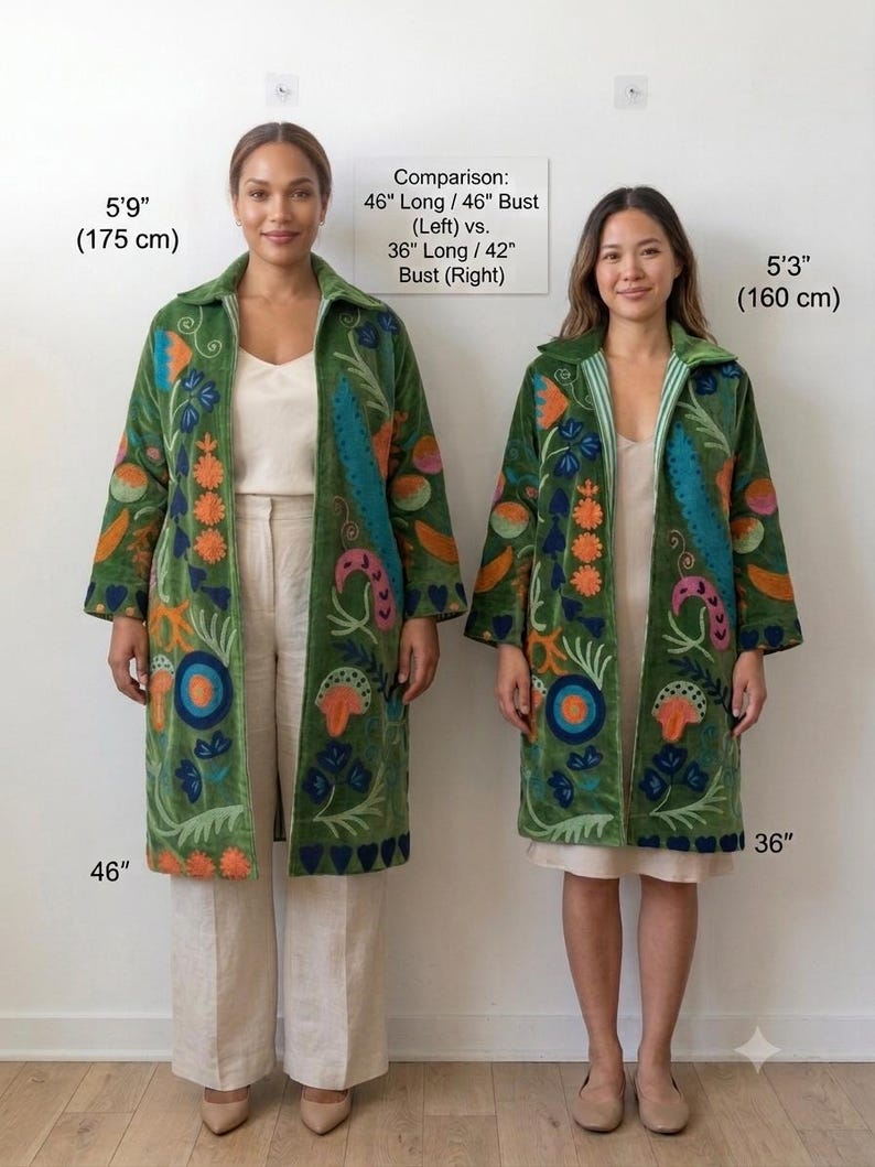 Green Long Velvet Suzani Robe Jacket –Embroidered Boho Coat – Uzbek Textile – Bohemian Kimono Robe – Floral Statement Wear | Luxury Gifts image 17