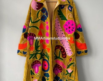 Velvet Suzani Robe Coat |  Multicolour Suzani Embroidery Robe Kimono |  Artisan Overcoat | Suzani Kimono Robe | Suzani Long Coat