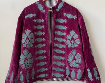 Velvet Suzani Short Floral Jacket | Hand-Embroidered Boho Jacket | Street Style Coat | Tribal outerwear | Gift For Her | Velvet Suzani Coat