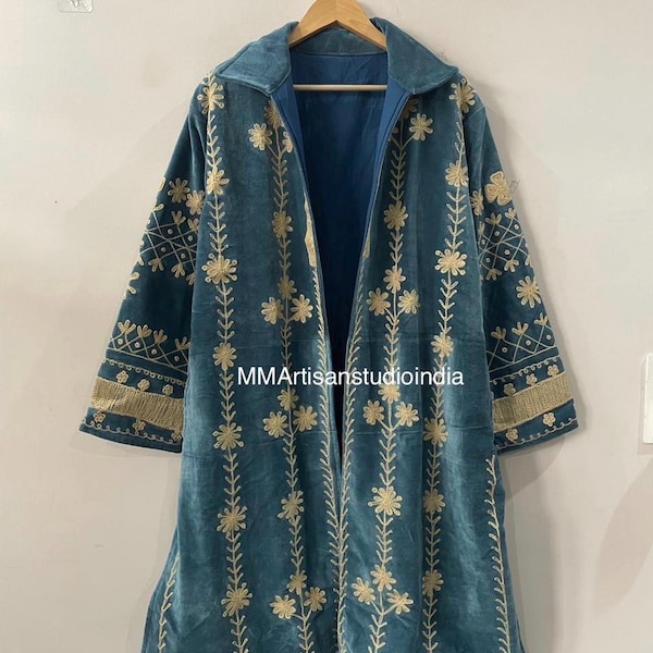 Embroidered Velvet Jacket Floral Suzani, Bohemian, Coat, Inner Cotton Lining | Hand Embroidered Long Kimono, Winter Warmed Coat