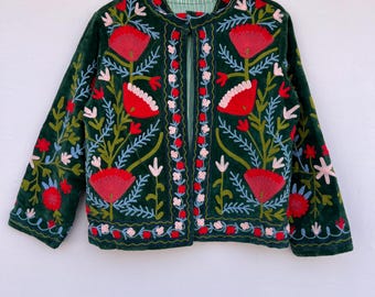 Indian Suzani Embroidery Duster Jacket | Winter Jacket | Women's Coat | Suzani Short Jacket | Suzani Kimono Robe | Gift For Her