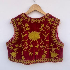 May include: A red velvet vest with gold floral embroidery, displayed on a wooden hanger. The embroidery includes a central flower and detailed vine patterns. The sleeveless vest is against a plain white background. The garment is a traditional style.