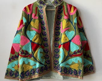 Suzani Hand Embroidered Velvet Short Jacket | Artisan Boho Outerwear | Gift For Her | Suzani Jacket |Velvet Suzani Coat | Winter Velvet Coat