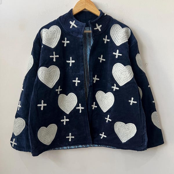 Navy Velvet Heart Embroidered Jacket | Handmade Suzani Boho Coat