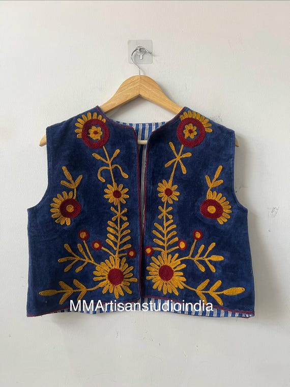 Boho Suzani Embroidered Velvet Vest |  Floral Vest | Velvet Suzani Waistcoat | Gift For Her | Embroidered Floral Boho Waistcoat