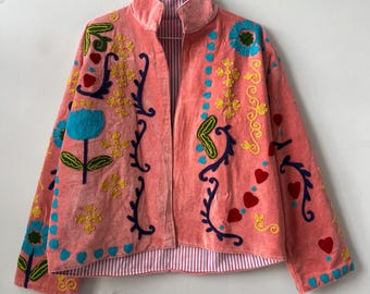Velvet Suzani Embroidered Coat | Velvet Folk Art Jacket | Duster Robe | Suzani Coat | Artisan Embroidered | Gift For Her | Chic Coat