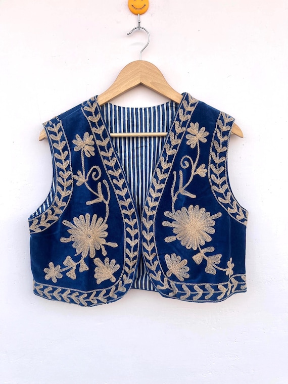 Blue Velvet Embroidered Floral Vest | Suzani Velvet Short Coat | Suzani Floral Waistcoat | Gift For Her | Warm Outerwear