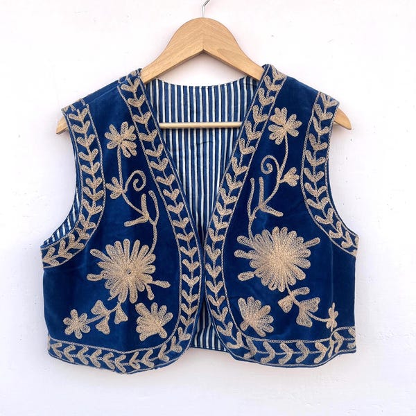 Velvet Embroidered Floral Vest | Suzani Velvet Short Coat | Suzani Floral Waistcoat | Gift For Her | Warm Outerwear