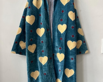 Handmade Blue Velvet Suzani Jacket | Embroidered Hearts, Boho Coat