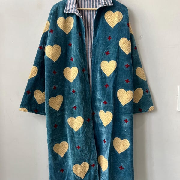 Handmade Blue Velvet Suzani Jacket | Embroidered Hearts, Boho Coat