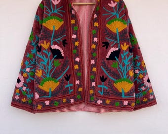 Indian Velvet Suzani Embroidery Jacket | Indian Boho Kimono Coat |Winter Jacket | Women Velvet Reversible Suzani Coat | Gift For Her