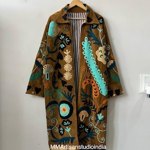 Boho Suzani Embroidery Velvet Suzani Velvet Jacket Robes |  Uzbek Textile Bohemian Kimono Robe  Floral Statement Wear | Gift For Her