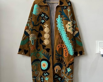 Boho Suzani Embroidery Velvet Suzani Velvet Jacket Robes |  Uzbek Textile Bohemian Kimono Robe  Floral Statement Wear | Gift For Her