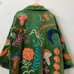 Green Long Velvet Suzani Robe Jacket –Embroidered Boho Coat – Uzbek Textile – Bohemian Kimono Robe – Floral Statement Wear | Luxury Gifts image 8