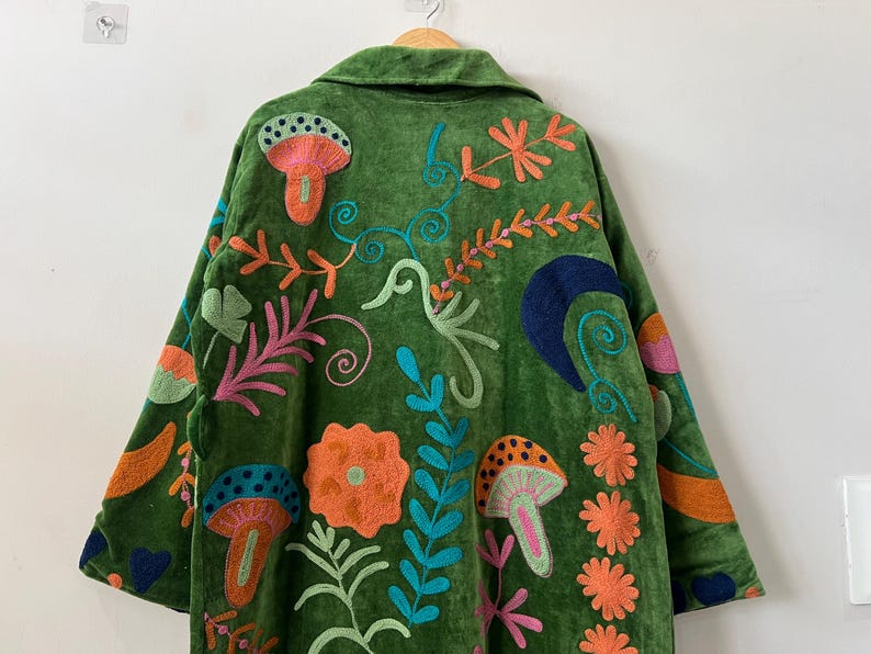 Green Long Velvet Suzani Robe Jacket –Embroidered Boho Coat – Uzbek Textile – Bohemian Kimono Robe – Floral Statement Wear | Luxury Gifts image 8