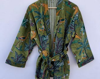 Velvet Kimono Robe: Jungle Safari Print, Bohemian Loungewear | Winter Velvet Kimono | Gift For Her | Long Kimono Soft Night Wear