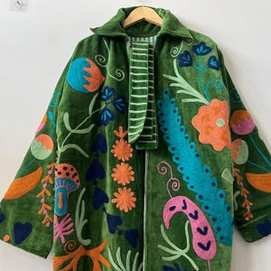 Green Long Velvet Suzani Robe Jacket –Embroidered Boho Coat – Uzbek Textile – Bohemian Kimono Robe – Floral Statement Wear | Luxury Gifts image 10